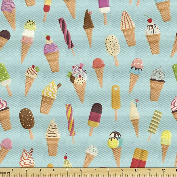 Ambesonne Ice Cream Fabric by the Yard Upholstery, Yummy Fruity, 2 Yards, Multicolor