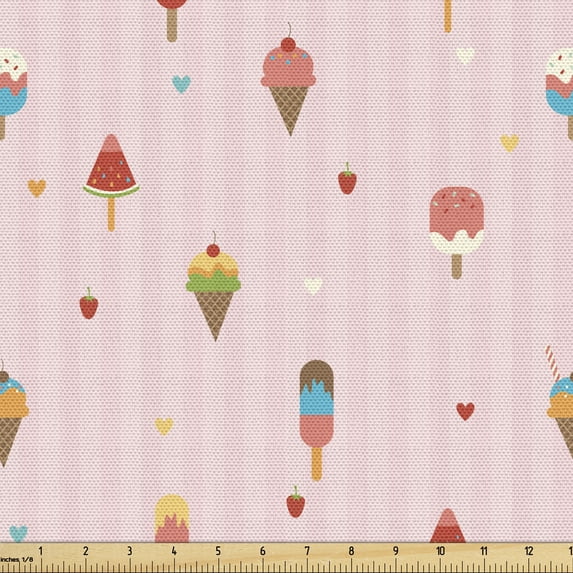 Ambesonne Ice Cream Fabric by the Yard Upholstery, Pastel Pattern, 10 Yards, Multicolor