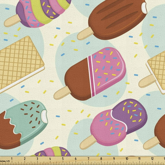 Ice Cream Fabric by the Yard, Repetitive Tasty Summertime Food Dessert Topping Colorful Illustration, Upholstery Fabric for Dining Chairs Home Decor Accents, Ivory and Mint Green by Ambesonne