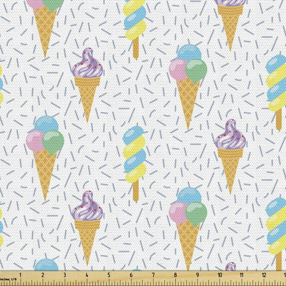 Ambesonne Ice Cream Fabric by the Yard Upholstery, Summer Dairy Dessert, 5 Yards, Multicolor