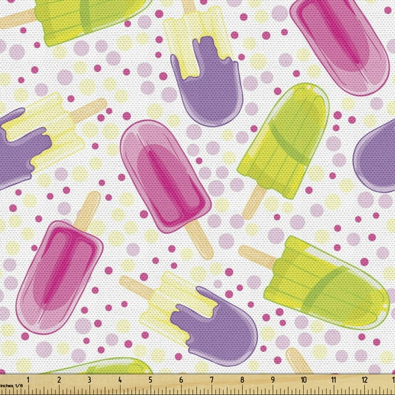 Ambesonne Ice Cream Fabric by the Yard Upholstery, Cartoon Popsicle Dots, 3 Yards, Multicolor