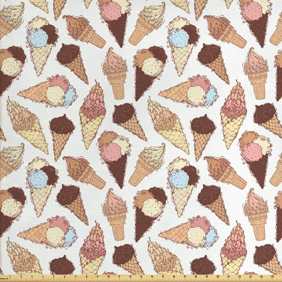 Ambesonne Ice Cream Fabric by the Yard Upholstery, Creamy Cold and Cones, 2 Yards, Multicolor