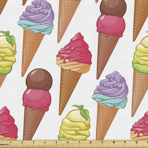 Ambesonne Ice Cream Fabric by the Yard Upholstery, Tasty Summer Deserts, 5 Yards, Multicolor