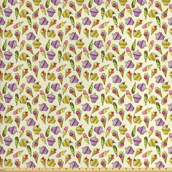 Ambesonne Ice Cream Fabric by the Yard Upholstery, Yummy Cupcakes, 10 Yards, Multicolor
