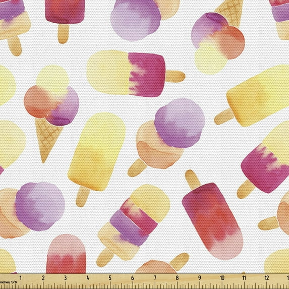 Ice Cream Fabric by the Yard, Watercolor Style Ice Cream with Cones in Pastel Toned Paintbrush Art, Decorative Upholstery Fabric for Sofas and Home Accents, Multicolor by Ambesonne