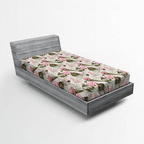 Ambesonne Ice Cream Fitted Sheet, Grunge Cupcakes, Twin XL Size, Army Green Pale Pink