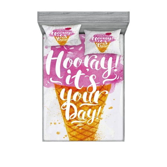 Ice Cream Fitted Sheet & Pillow Sham Set, Hooray! Its Your Day Phrase with Ice Cream Cone Cherry Flavor Print, Decorative Printed 6 Piece Bedding Decor Set, Full, Fuchsia Amber Pearl, by Ambesonne