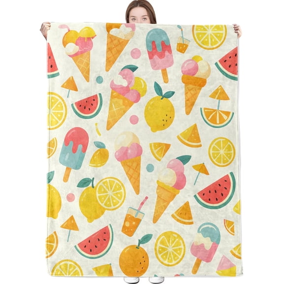 Ice Cream Fruit Blanket with Watermelon,Lemon,Juice and Popsicle Throw Blankets Lightweight Flannel Throws for Camping Couch Chair Office Bed Home Summer Decor Gifts for Adults,60x50inch