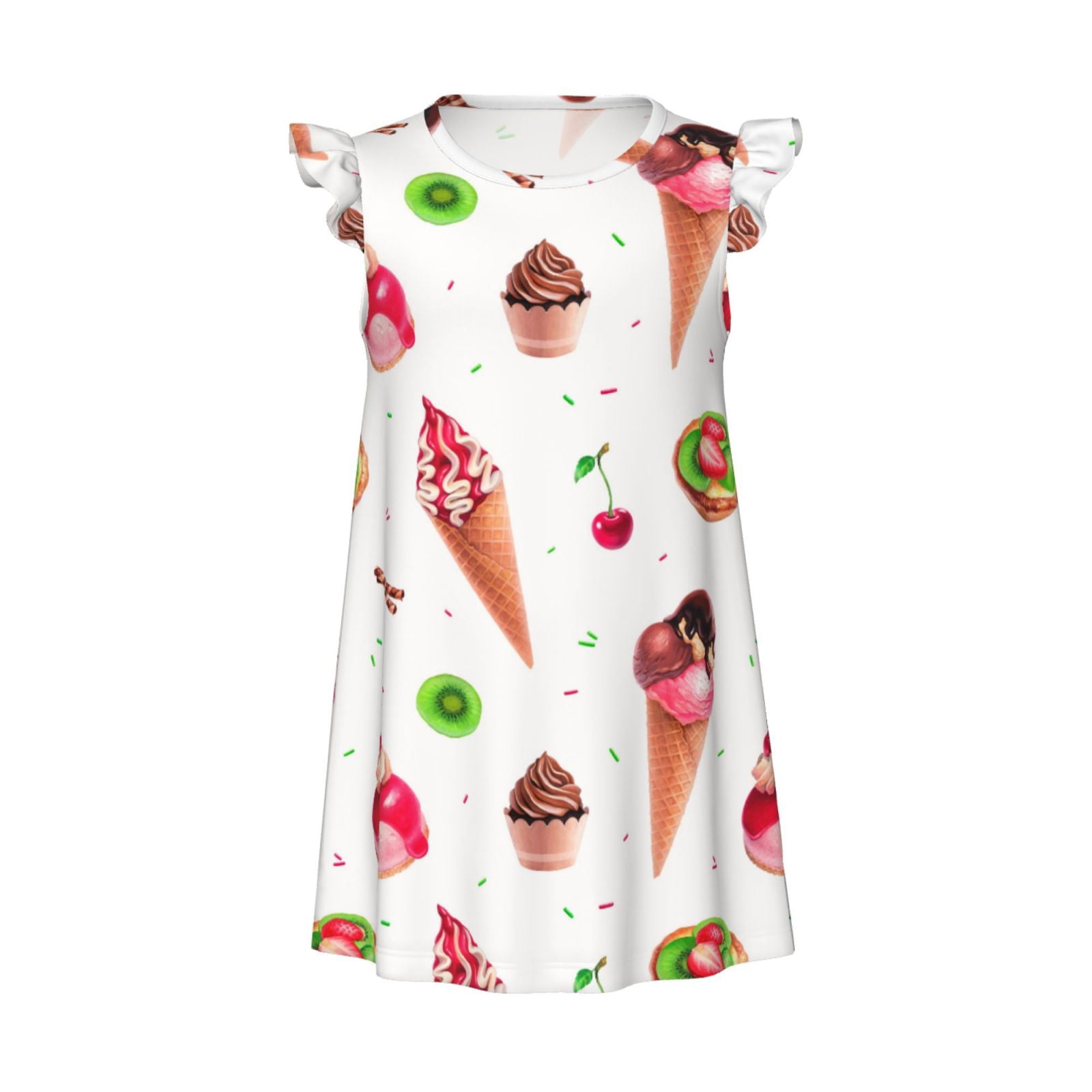 Ice Cream Fruit Tart Print Girls Nightgowns, Short Sleeves Dress Girls ...
