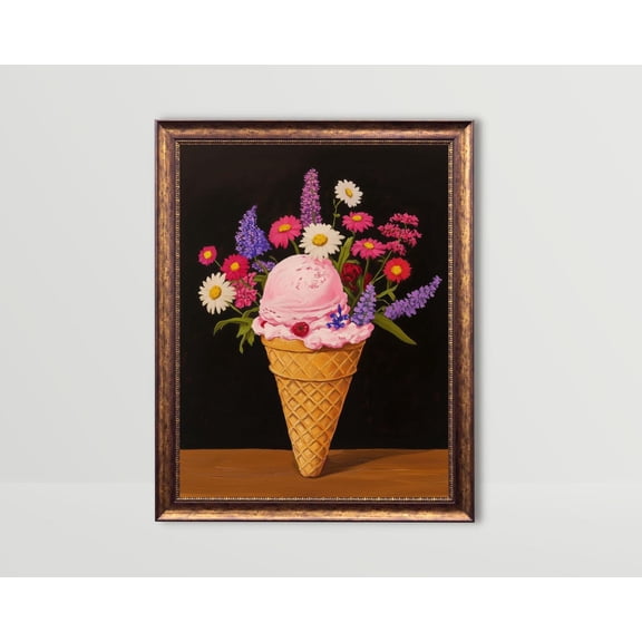 Ice Cream, Gelato Wall Art, Trendy Dessert Art Poster, Fun Kitchen Decor, Moody Colorful Flowers Summer Poster, Pink Ice Cream Cone, Stretched Canvas Size 8x12