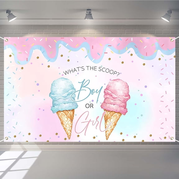 Ice Cream Gender Reveal Backdrop What's The Scoop Photography Background Blue Pink Boy or Girl Summer Gender Reveal Party Decorations Banner Photo Booth Props