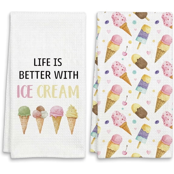 Ice Cream Gift Kitchen Towels, Ice Cream Gifts for Women Men, Gifts for Frozen Dessert Sweet Lovers Decor Hand Towels for Kitchen Decor, 16x24 Inch Set of 2