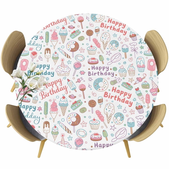 Ice Cream Happy Birthday Round Tablecloth, Fitted Table Cover with Elastic for 36"-44" Round Tables, Ribbon Cute Cake Balloon Table Cloth Outdoor Indoor Dinning Party Waterproof Tablecloths