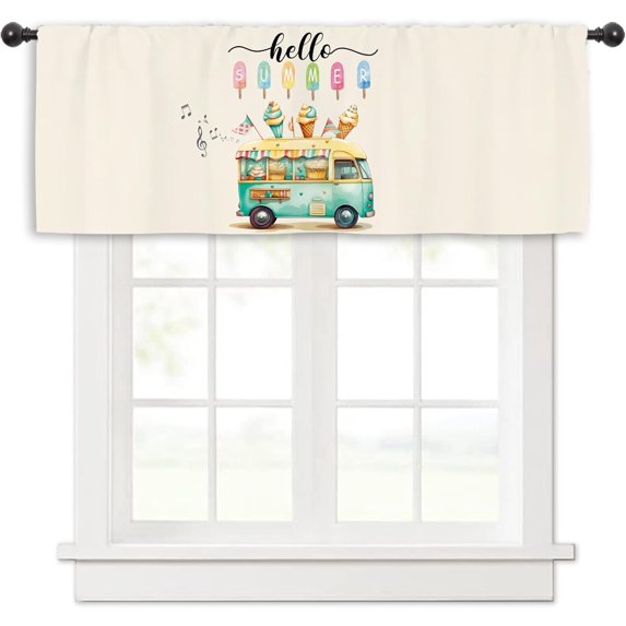 Ice Cream Hello Summer Kitchen Curtain Valance 54W x 18H Rod Pocket Truck Colorful Cool Seasonal Window Treatment for Living Room Bedroom Bathroom Laundry