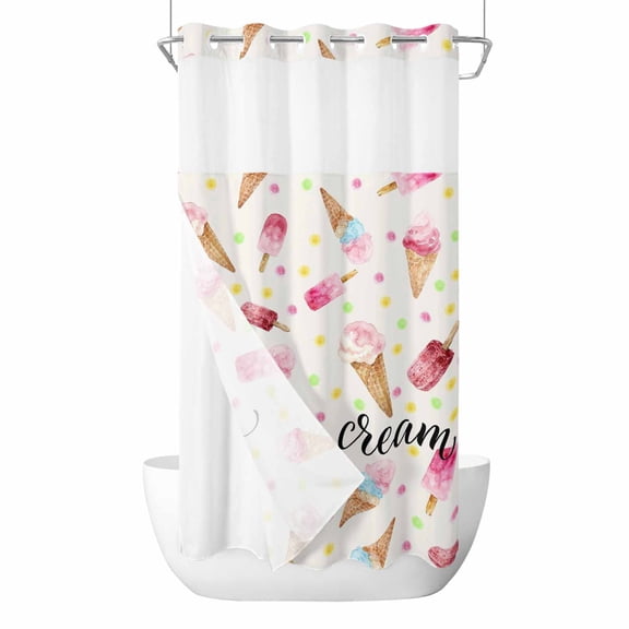 Ice Cream No Hook Shower Curtain with Snap in Liner, Waterproof Fabric Shower Curtains, Summer Pink Popsicle Colorful Polka Dots Shower Curtain Set Top See Through for Bathroom 36"x78"