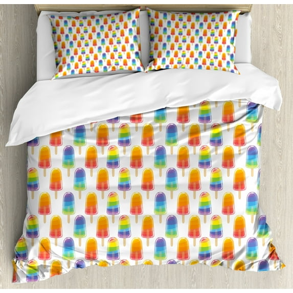 Ice Cream King Size Duvet Cover Set, Orange and Rainbow Colored Sugary Treats Popsicles Sweet Tooth Theme Pattern, Decorative 3 Piece Bedding Set with 2 Pillow Shams, Multicolor, by Ambesonne