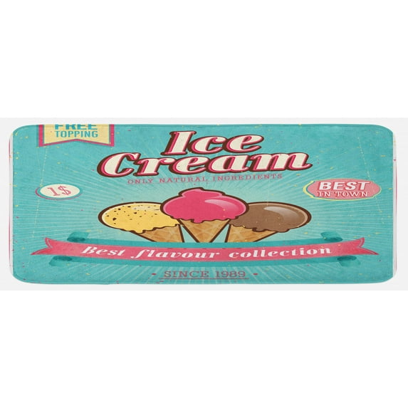 Ice Cream Kitchen Mat, Best Flavor Words with Free Topping Design Illustration, Plush Decorative Kitchen Mat with Non Slip Backing, 47" X 19", Seafoam Pink Pale Yellow, by Ambesonne
