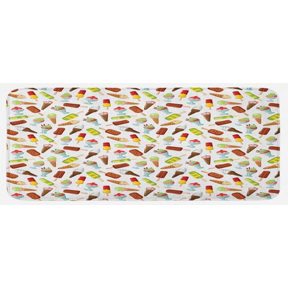 Ice Cream Kitchen Mat, Frozen Desserts in Wafer Cone Glazed Eskimo with Whipped Cream Chocolate Sundae, Plush Decorative Kitchen Mat with Non Slip Backing, 47" X 19", Multicolor, by Ambesonne