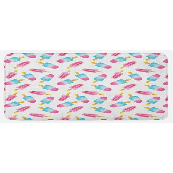 Ice Cream Kitchen Mat, Pattern with Refreshing Watercolor Popsicles on White Background, Plush Decorative Kitchen Mat with Non Slip Backing, 47" X 19", Earth Yellow Pale Blue, by Ambesonne