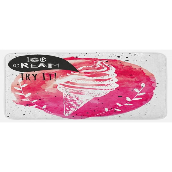 Ice Cream Kitchen Mat, Yummy with Try It Words Paintbrush Watercolor Art Illustration, Plush Decorative Kitchen Mat with Non Slip Backing, 47" X 19", Pink Black White, by Ambesonne