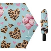 Ice Cream Leopard Print Hearts Valentine All Weather Umbrella Triple Folding Parasol 6 Ribs UV Protection Portable