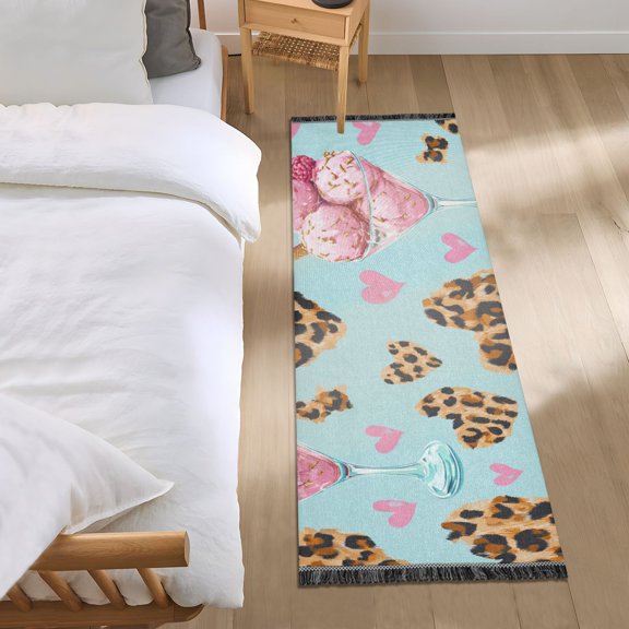 Ice Cream Leopard Print Hearts Valentine Bedside Runner Rug 2'x 6' Non Slip Carpet Floor Mat Area Rug