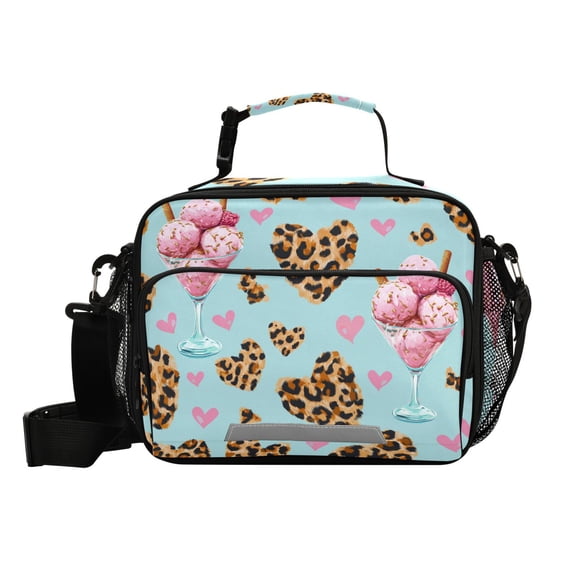 Ice Cream Leopard Print Hearts Valentine Insulated Lunch Bag Portable Cooler Bag Mommy Bag Large Capacity 6L