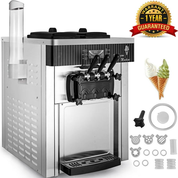 SHENGJINSH Ice Cream Maker, 3 Flavors 5.3-7.4 Gal/H, 2200W Commercial Ice Cream Machine with LED Display Auto Clean