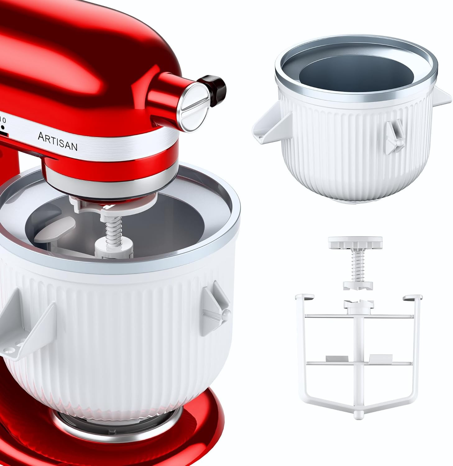 Ice Cream Maker Attachment for KitchenAid Stand Mixer, Ice Cream Bowl Compatible with 4.5Qt and Larger Stand Mixers, Ice Cream & Sorbet Gelato Maker Attachment, 2 Quart, White