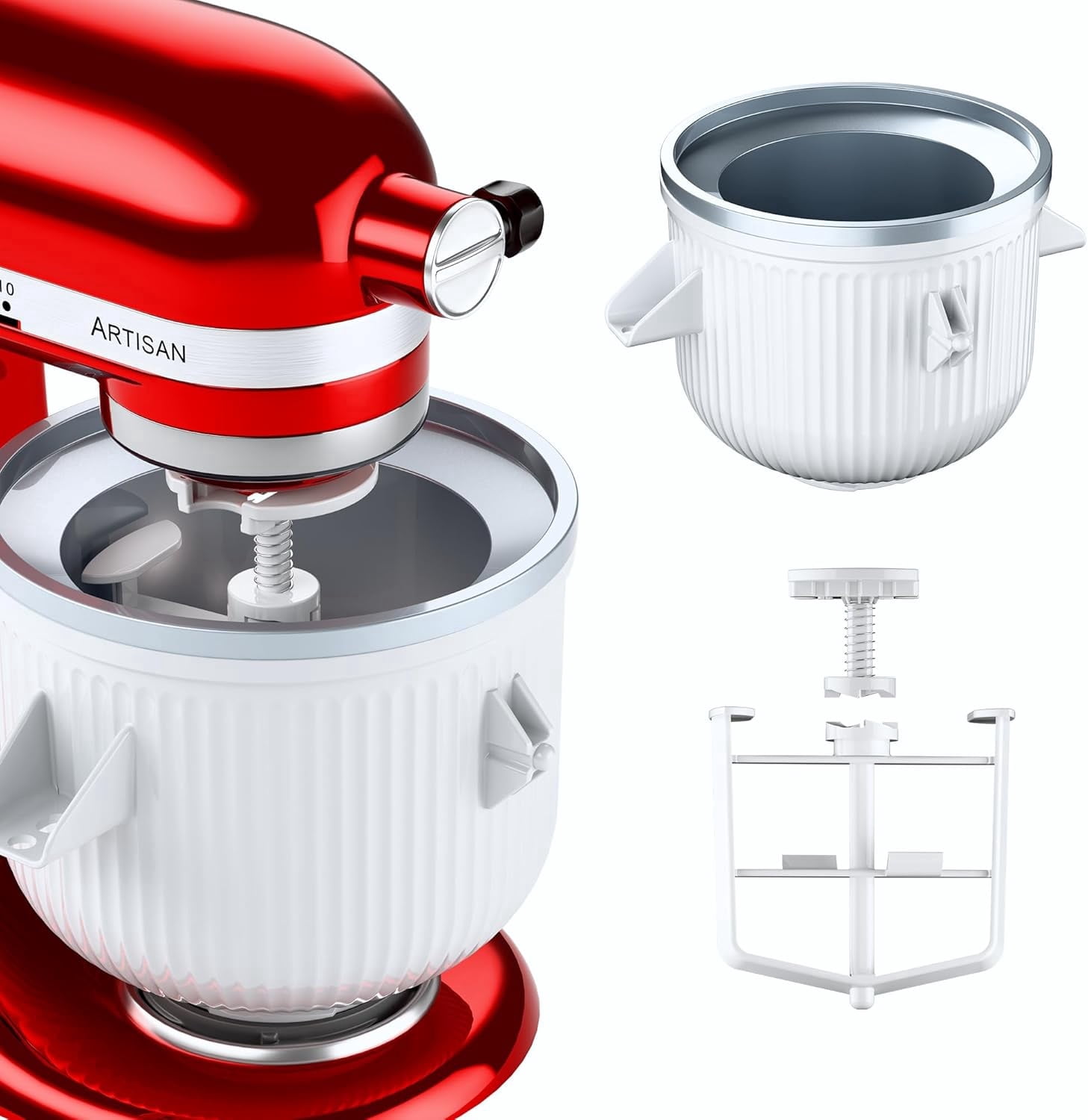 Ice Cream Maker Attachment for KitchenAid Stand Mixer, Ice Cream Bowl Compatible with 4.5Qt and Larger Stand Mixers, Ice Cream & Sorbet Gelato Maker Attachment, 2 Quart, White