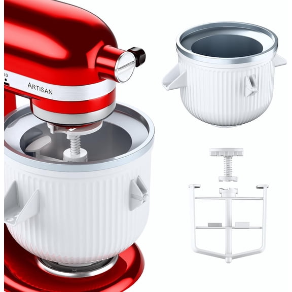 Ice Cream Maker Attachment for KitchenAid Stand Mixer, Ice Cream Bowl Compatible with 4.5Qt and Larger Stand Mixers, Ice Cream & Sorbet Gelato Maker Attachment, 2 Quart, White
