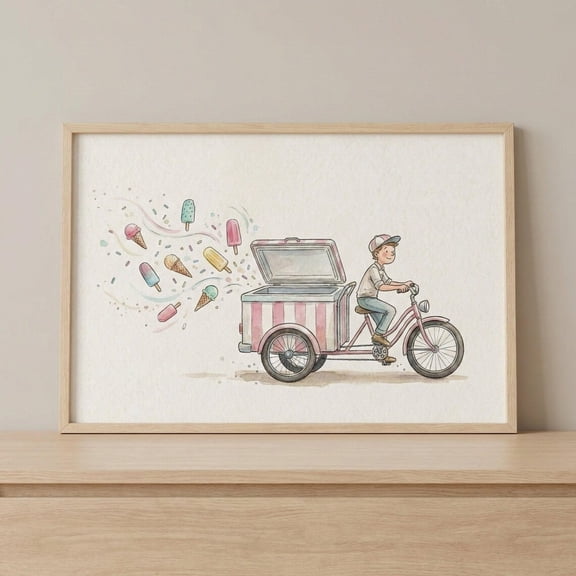 Ice Cream Man Wall Art Whimsical Ice Cream Cart Decor Room Unframed Paper Poster 8x10in