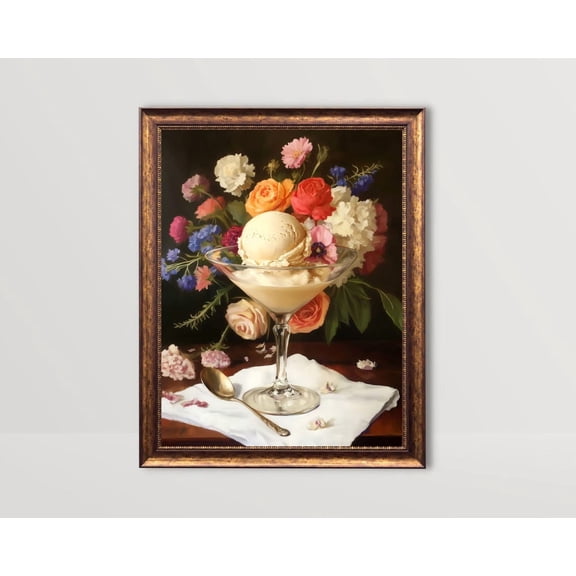 Ice Cream in Martini Glass, Dessert Wall Art Fun Kitchen Decor Moody Colorful Flowers Art Print Still Life Trendy Gelato Art Poster, Unframed Poster Size 8x12