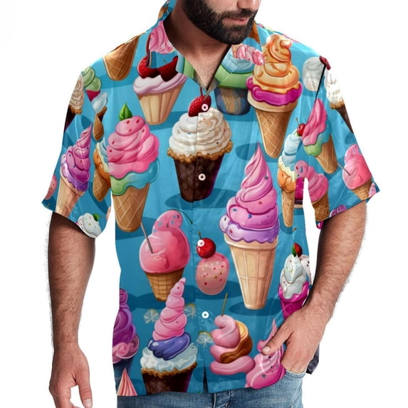 Ice Cream Men's Casual Hawaiian Shirt Printed Button Down Short Sleeve Summer Beach Shirts Unisex