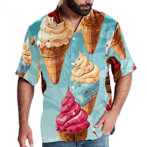 Ice Cream Men's Casual Printed Button Down Short Sleeve Poplin Hawaiian Beach Shirt with Spread Collar Tops