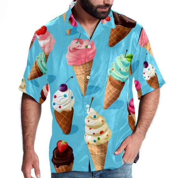 Ice Cream Men's Short Sleeve Beach Shirts, Casual Printed Button Down Poplin Shirt Summer.