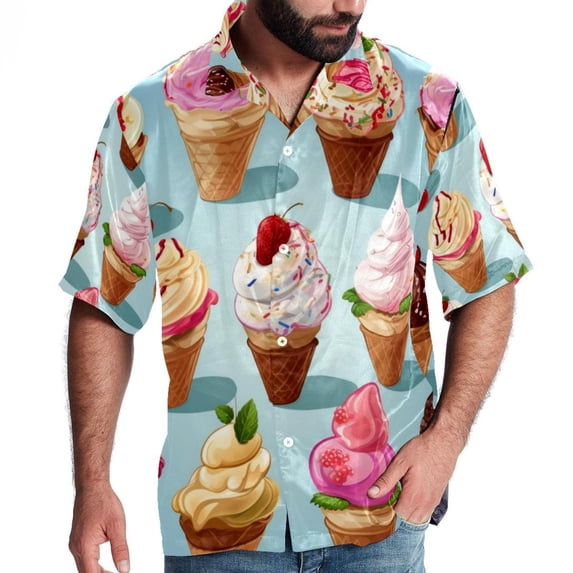 Ice Cream Men's Short Sleeve Casual Printed Button Down Beach Shirt Summer Unisex Top