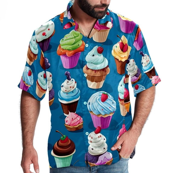 Ice Cream Men's Short Sleeve Hawaiian Print Button Down Beach Shirt