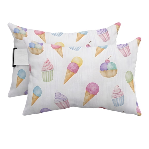 Ice Cream Outdoor Pillows for Chaise Lounge Chair Beach Headrest Pillow Set of 2 Waterproof Lumbar Pillows with Insert&Adjustable Strap Colorful Watercolor Dessert Cupcakes Pool Pillow 12"x20"