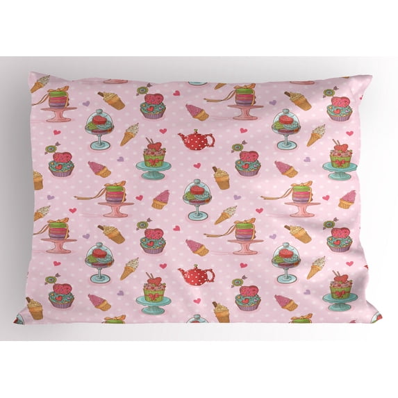 Ice Cream Pillow Sham Retro Style Cupcakes Teapots Candies Cookies on Polka Dots Vintage Kitchen Print, Decorative Standard Size Printed Pillowcase, 26 X 20 Inches, Multicolor, by Ambesonne