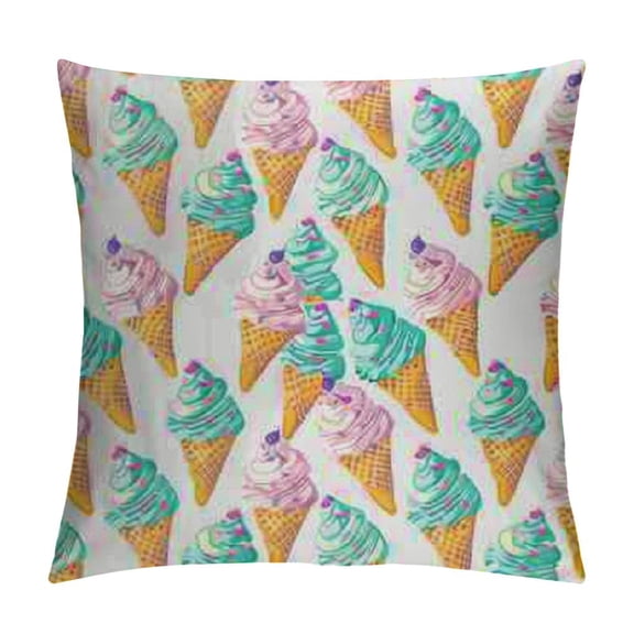 Ice Cream Pillow Sham, Summer Ice Dessert Art Pattern with Waffle Cones and Sundae Dairy Refreshment, Decorative Standard Queen Size Printed Pillowcase,, Multicolor