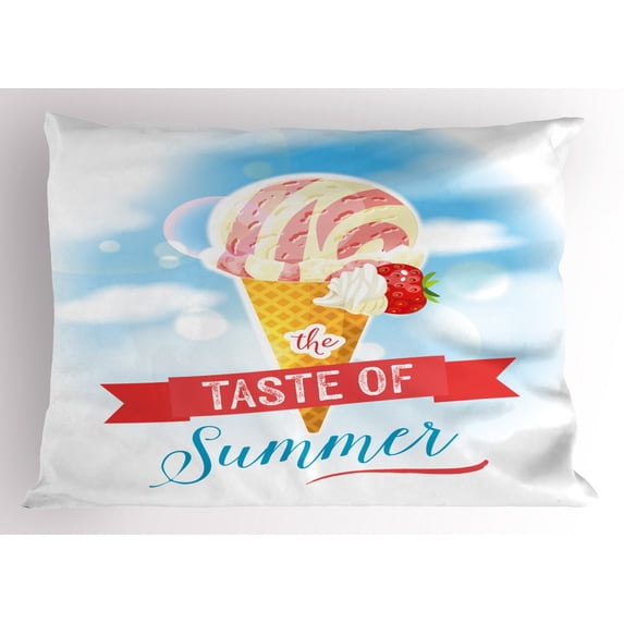 Ice Cream Pillow Sham The Taste of Summer Quote with Cone and Strawberry Clouds Inspirational Print, Decorative Standard Size Printed Pillowcase, 26 X 20 Inches, Multicolor, by Ambesonne
