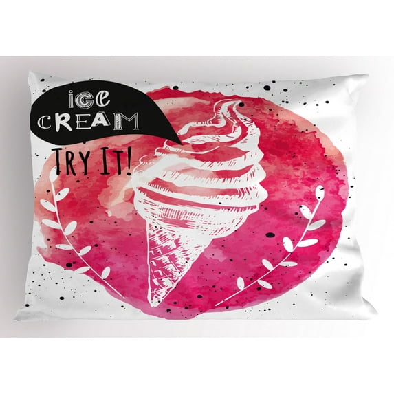 Ice Cream Pillow Sham Yummy Figure with Try It Quote Paintbrush Watercolor Artwork Illustration, Decorative Standard Queen Size Printed Pillowcase, 30 X 20 Inches, Pink Black White, by Ambesonne