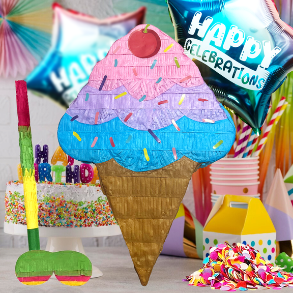 Ice Cream Pinata Kit for Kids Birthday Party, Dessert Theme Piata Party Game with Buster Stick, Blindfold, Confetti and 2 Balloons
