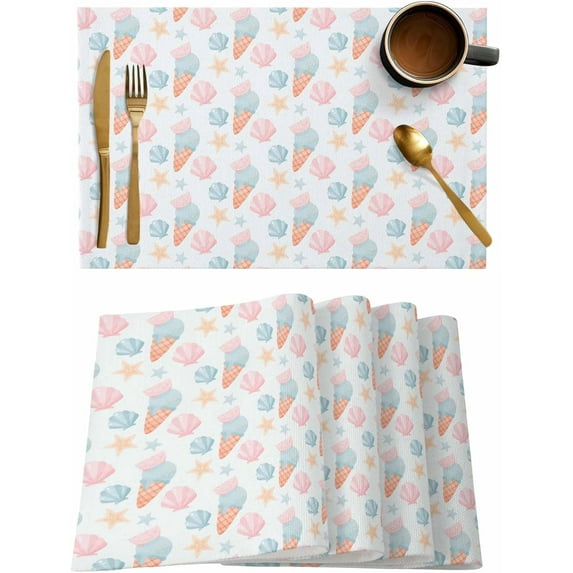 Ice Cream Placemats Set of 6,Washable Woven Burlap Cloth Fabric Placemat for Square/Rectangle/Round/Oval Dining Table,Easy Clean Place Mats for Toddlers,Kids Summer Dessert Summer Sea Starfish Shell