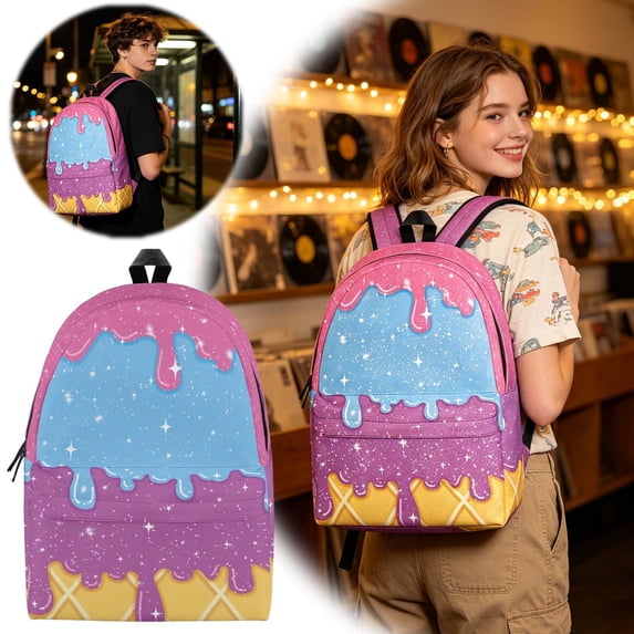 Ice Cream All Over Print Backpack, Lightweight Polyester Daily Daypack, Spacious Multi Compartment Backpack with Padded Ergonomic Straps for School Gym Travel Sports