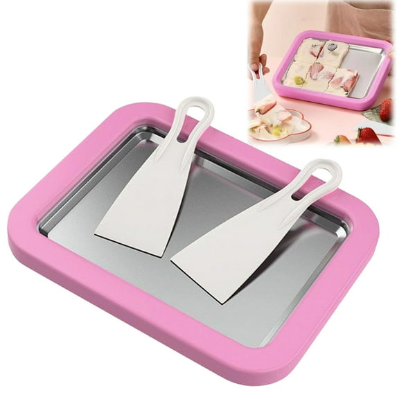Ice Cream Roll Maker Pan, Stainless Steel Cold Plate Ice Cream Maker with 2 Spatulas, DIY Rolled Ice Cream & Frozen Yogurt Maker for Kids and Home, No-Electric Dessert Pan (Pink)