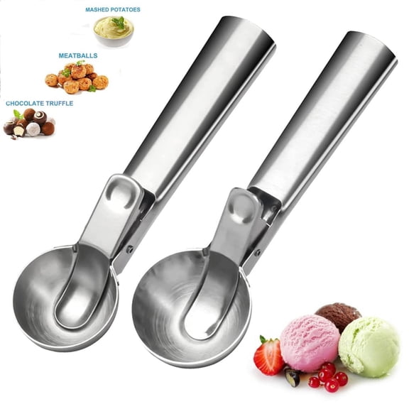Ice Cream Scoop Set,Portable Stainless Steel Ice Cream Scoop with Trigger and Comfortable Handle,Icecream Scoop Spoon Perfect for DIY Ice Cream,Fruit,Cookie,Dishwasher Safe(2 Pieces)