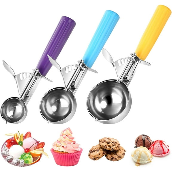 Ice Cream Scoop with Trigger, Cookie Scoops Set of 3 Portion Scoop 18/8 Stainless Steel Cupcake Measuring Scoop for Cookie Dough Cupcake Batter Ice Cream (4 oz + 2 oz + 0.8 oz)