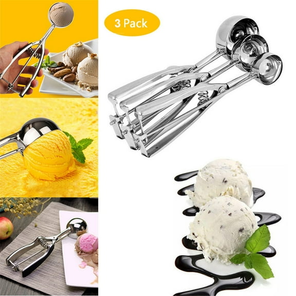 Ice Cream Scoop, Yannianjz Stainless Steel Ice Cream Scoop Set, Spring Handle Scoop for Gelato, Cookie Dough, Fruit Baller, Three Size Scoop Set, Professional Ice Cream Server, Dishwasher Safe